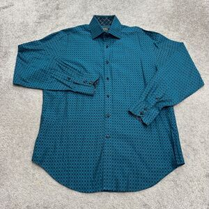 Neiman Marcus Button Down shirt Mens Large Blue Black Cotton Check Flip Cuff